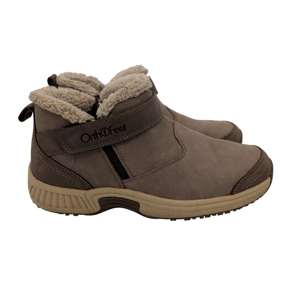 Orthofeet 794 Womens 7.5 B Taupe Leather Faux Fur Lined Ankle Boots Zip Strap